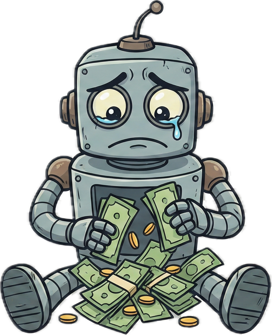 Sad robot holding money